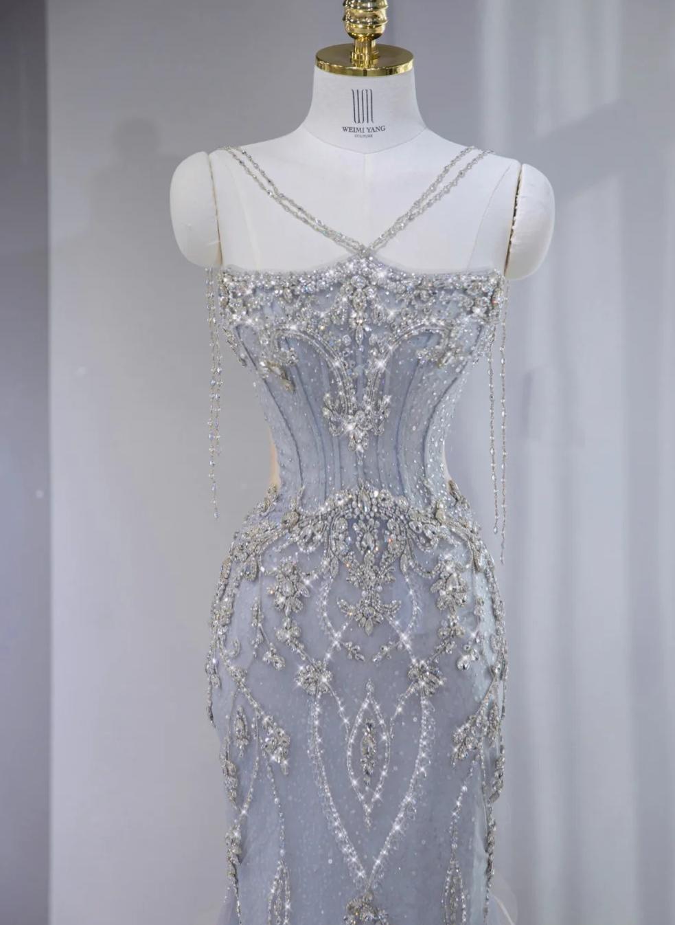 Gorgeous Lilac Strapless Mermaid Tulle Rhinestone Long Prom Dresses Formal Evening Gowns ED02809