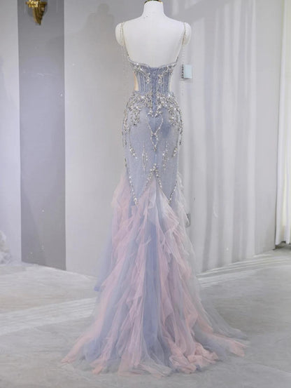 Gorgeous Lilac Strapless Mermaid Tulle Rhinestone Long Prom Dresses Formal Evening Gowns ED02809