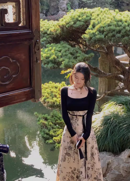 New Chinese style printed knitted patchwork cheongsam long skirt ED0280