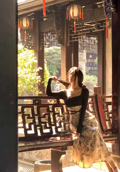 New Chinese style printed knitted patchwork cheongsam long skirt ED0280