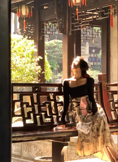 New Chinese style printed knitted patchwork cheongsam long skirt ED0280