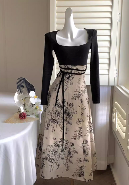 New Chinese style printed knitted patchwork cheongsam long skirt ED0280