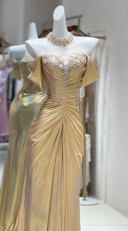 Elegant Yellow Off Shoulder Mermaid Satin Long Prom Dresses Formal Evening Gowns ED02810