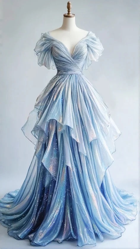 Stunning Ice Blue V-Neck A-Line Tulle Long Prom Dresses ED02812