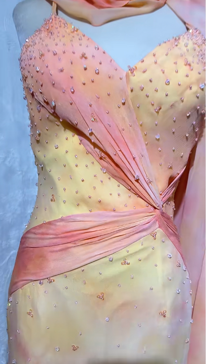 Gorgeous Yellow Spaghetti Straps Sheath Beaded Chiffon Long Prom Dresses Formal Evening Gowns with Open Back ED02813