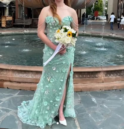 Fairytale Green Off-the-shoulder Mermaid Tulle Beaded Long Prom Dresses Wedding Dress with Appliques ED02814