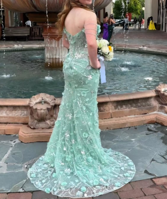 Fairytale Green Off-the-shoulder Mermaid Tulle Beaded Long Prom Dresses Wedding Dress with Appliques ED02814