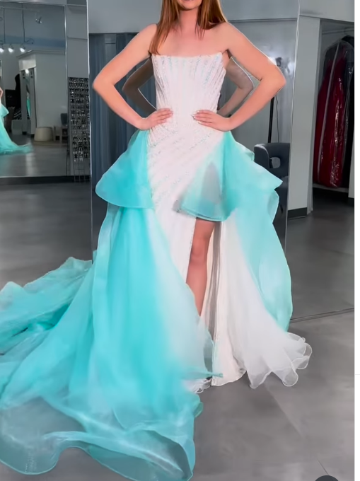 Elegant White Strapless Sheath Tulle Train Prom Dresses Formal Evening Gowns with Sequins ED02815