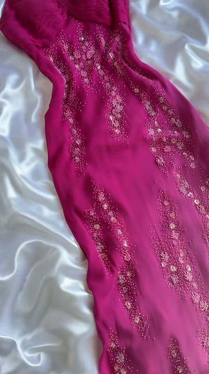 Elegant Fuchsia Spaghetti Straps Sheath Chiffon Beading Long Prom Dresses Vintage Evening Gowns ED02817