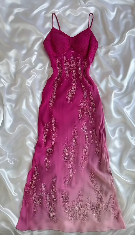 Elegant Fuchsia Spaghetti Straps Sheath Chiffon Beading Long Prom Dresses Vintage Evening Gowns ED02817