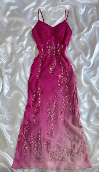 Elegant Fuchsia Spaghetti Straps Sheath Chiffon Beading Long Prom Dresses Vintage Evening Gowns ED02817