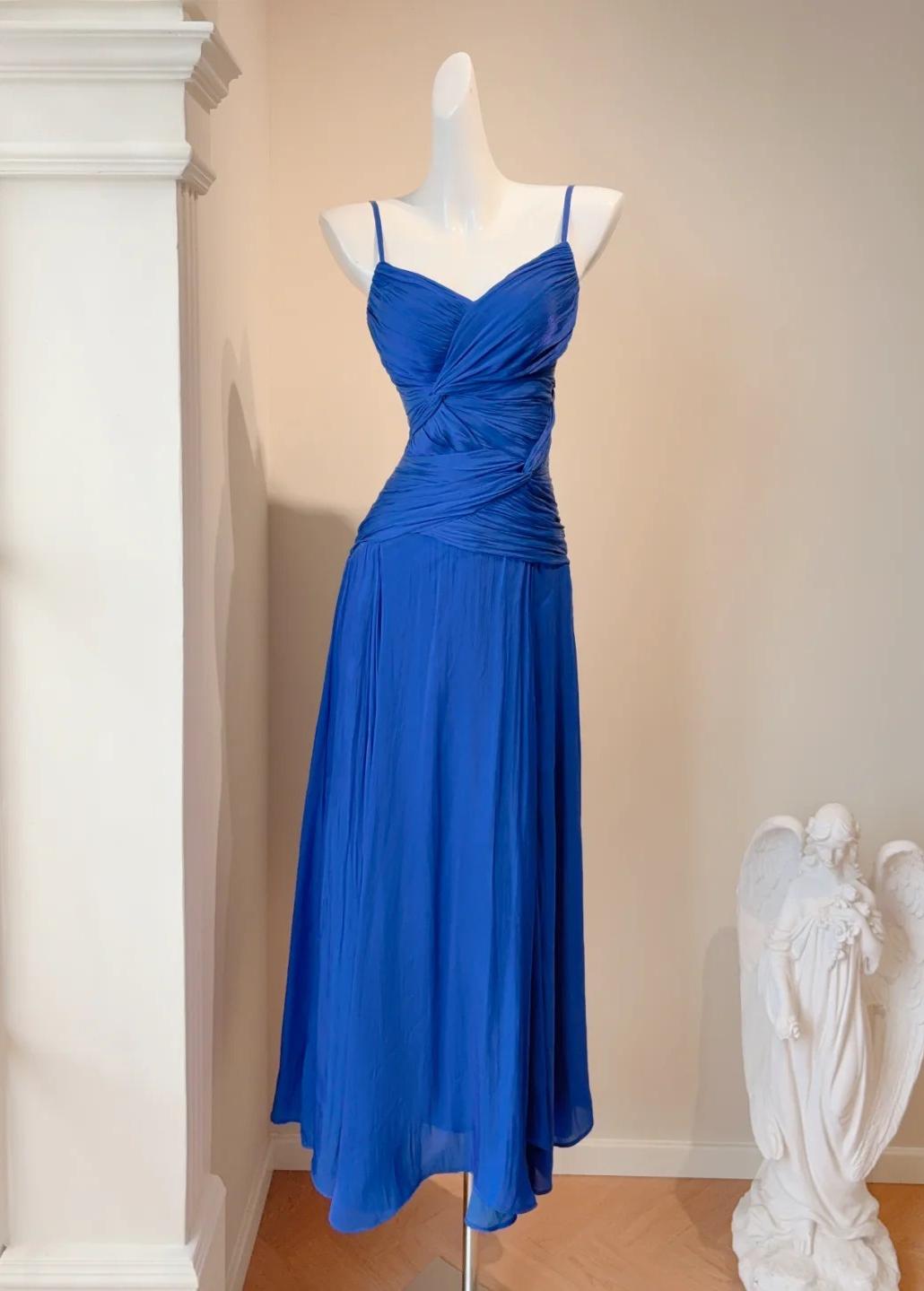 Sweet Royal Blue Spaghetti Straps Chiffon A-Line Chiffon Long Prom Dresses Party Dress ED02818