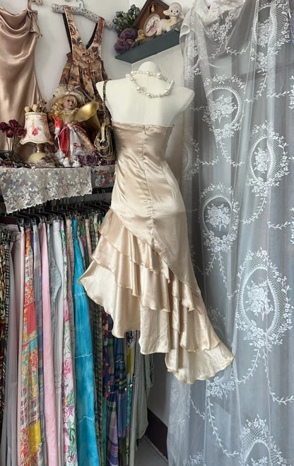 Elegant Champagne Strapless Mermaid Satin Short Prom Dresses Party Dress ED02819