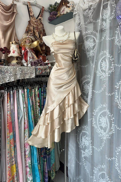 Elegant Champagne Strapless Mermaid Satin Short Prom Dresses Party Dress ED02819