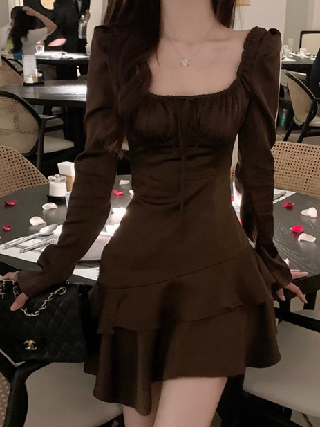 French Tea Break Square Neck Ruffled Skirt Dress ED0281