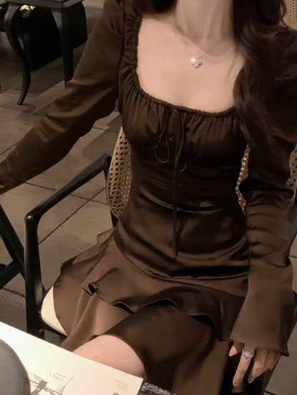 French Tea Break Square Neck Ruffled Skirt Dress ED0281