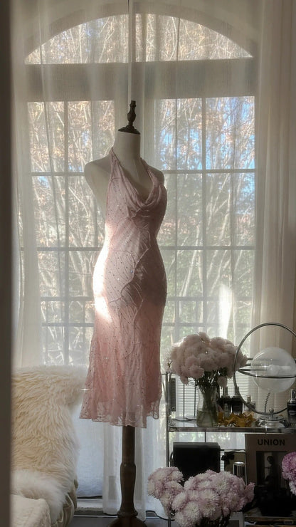 Sweet Pink Halter Collar Bodycon Chiffon Short Prom Dresses Vintage Party Dress with Beading ED02821