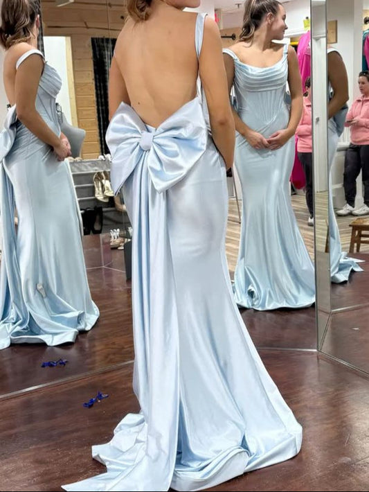 Elegant Light Blue Square Neck Mermaid Satin Long Prom Dresses Formal Backless Evening Gowns with Bow ED02822