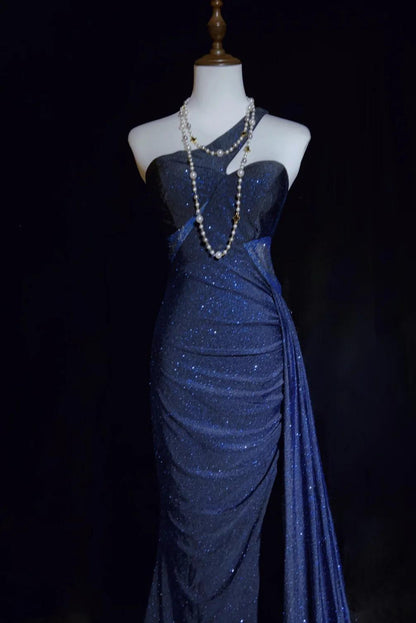 Gorgeous Navy Blue One Shoulder Mermaid Glitter Satin Long Prom Dresses Formal Evening Gowns with Open Back ED02823