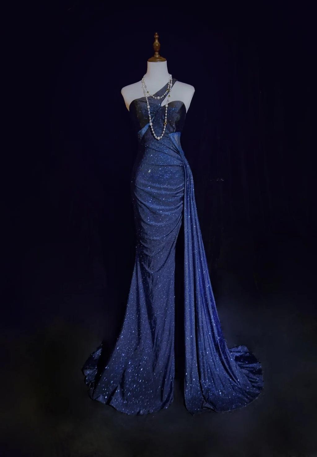 Gorgeous Navy Blue One Shoulder Mermaid Glitter Satin Long Prom Dresses Formal Evening Gowns with Open Back ED02823