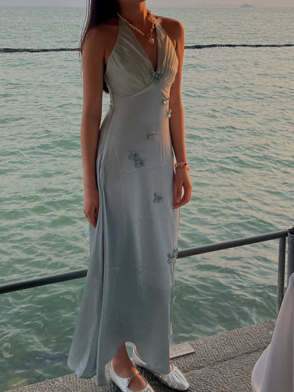 Stunning Grey Blue V Neck Sheath Satin Prom Dresses Fashion Party Dress with Applique ED02824