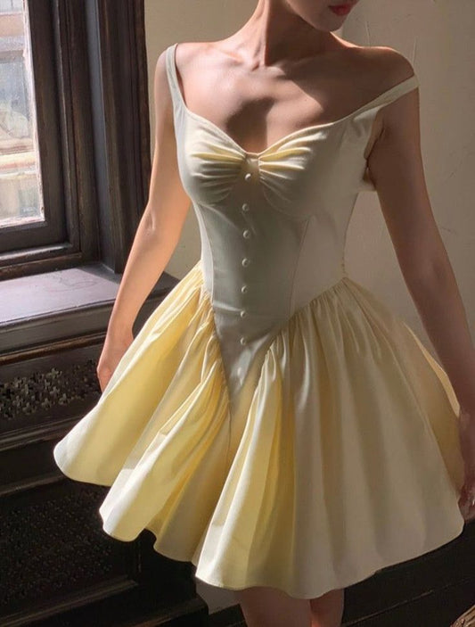 Sweet Yellow Spaghetti Straps A-Line Satin Short Party Dress Homecoming Dress ED02825