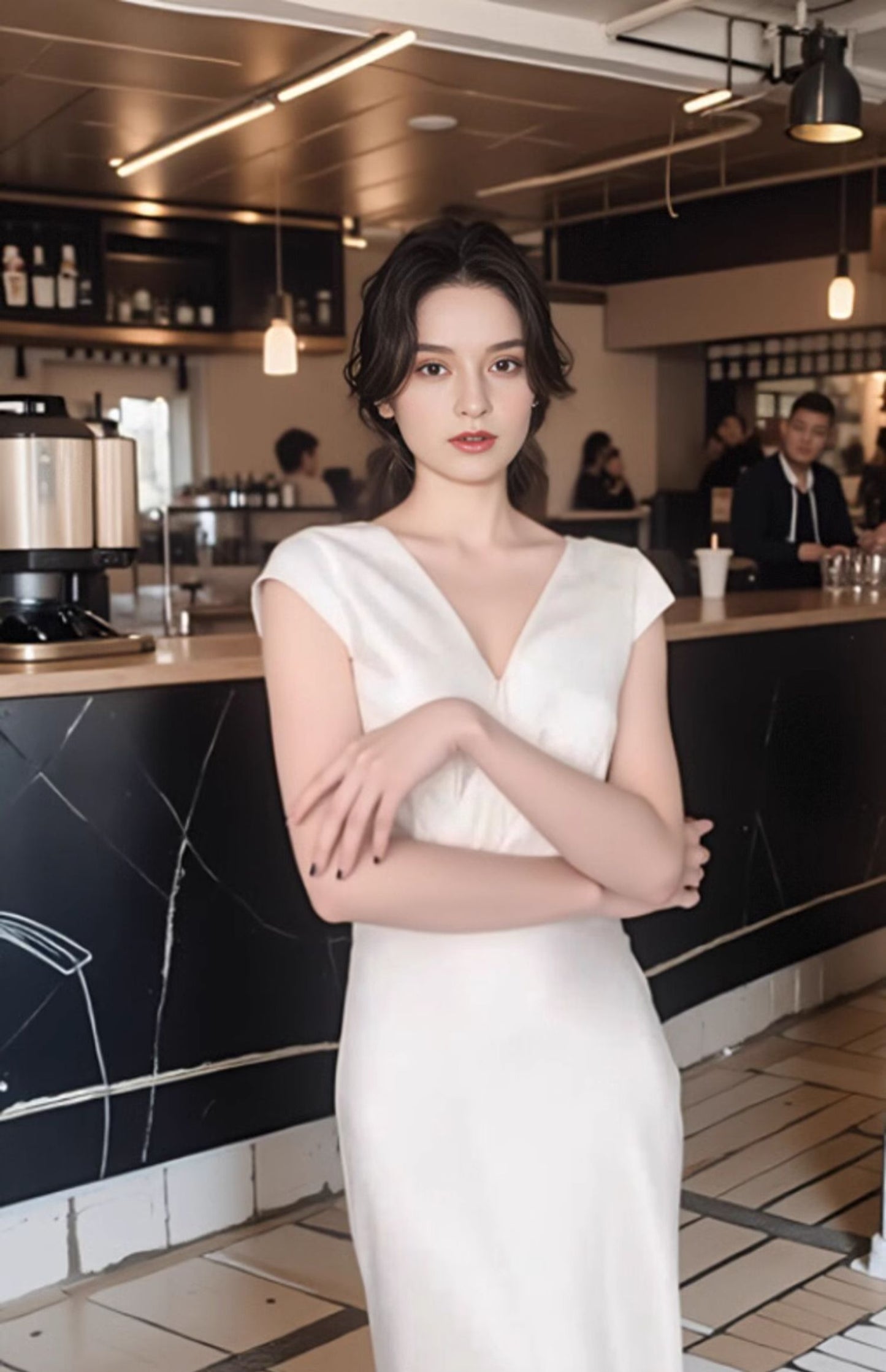 French fishtail skirt satin acetate V-neck dress ED0282