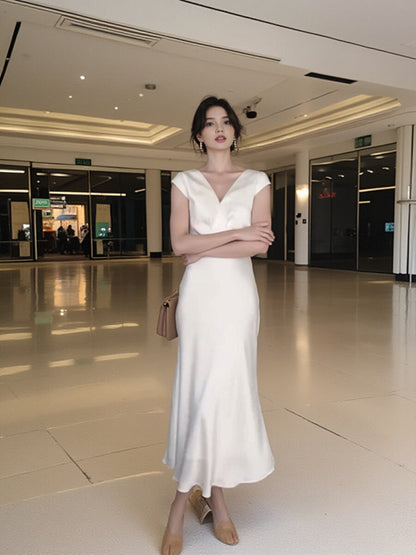 French fishtail skirt satin acetate V-neck dress ED0282