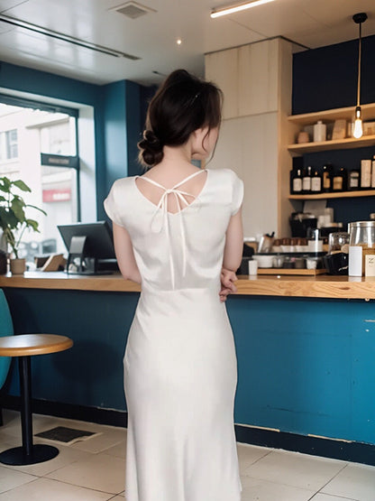 French fishtail skirt satin acetate V-neck dress ED0282