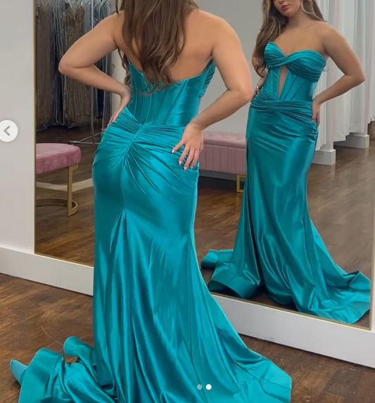 Glam Turquoise Sweetheart Mermaid Satin Long Prom Dresses Formal Evening Gowns ED02831
