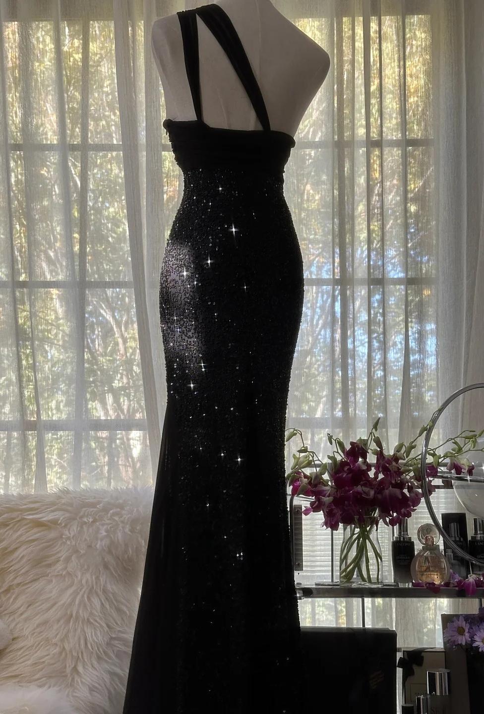 Elegant Black One Shoulder Mermaid Chiffon Long Prom Dresses Formal Evening Gowns with Beading ED02835