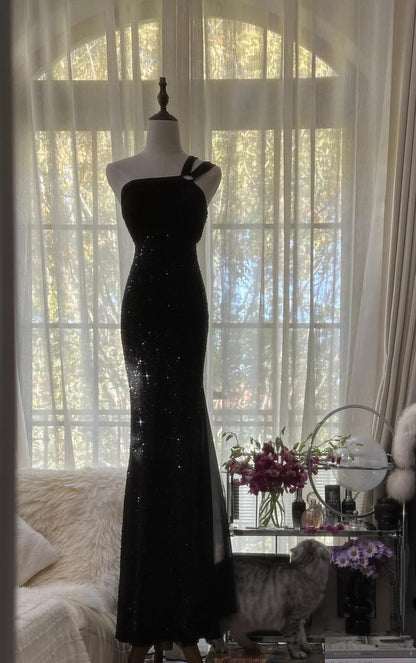 Elegant Black One Shoulder Mermaid Chiffon Long Prom Dresses Formal Evening Gowns with Beading ED02835