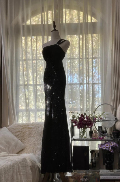 Elegant Black One Shoulder Mermaid Chiffon Long Prom Dresses Formal Evening Gowns with Beading ED02835