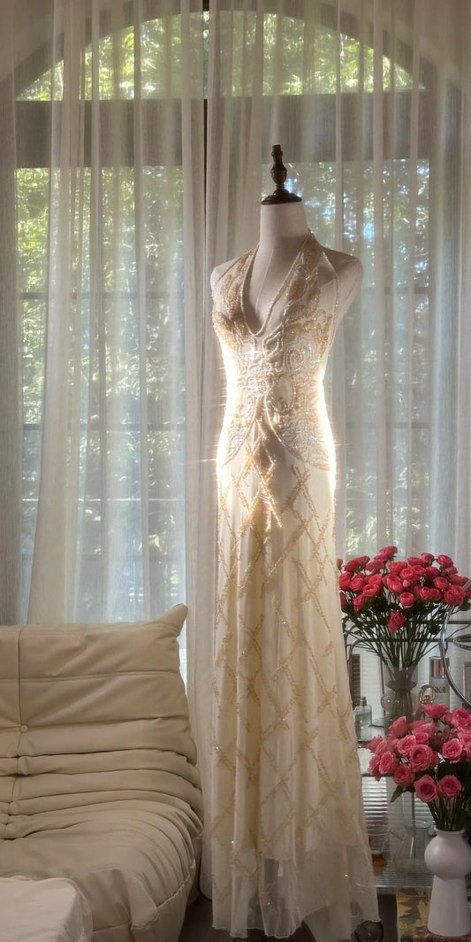 Gorgeous V-neck Sheath Chiffon Long Prom Dresses Vintage Backless Evening Gowns with Beading ED02836