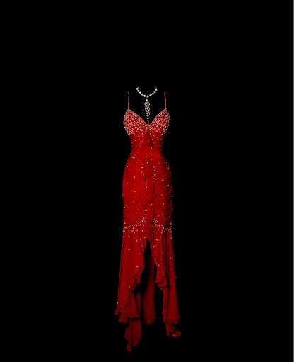 Stunning Red Spaghetti Straps Mermaid Chiffon Long Prom Dresses Vintage Evening Gowns with Beading ED02837