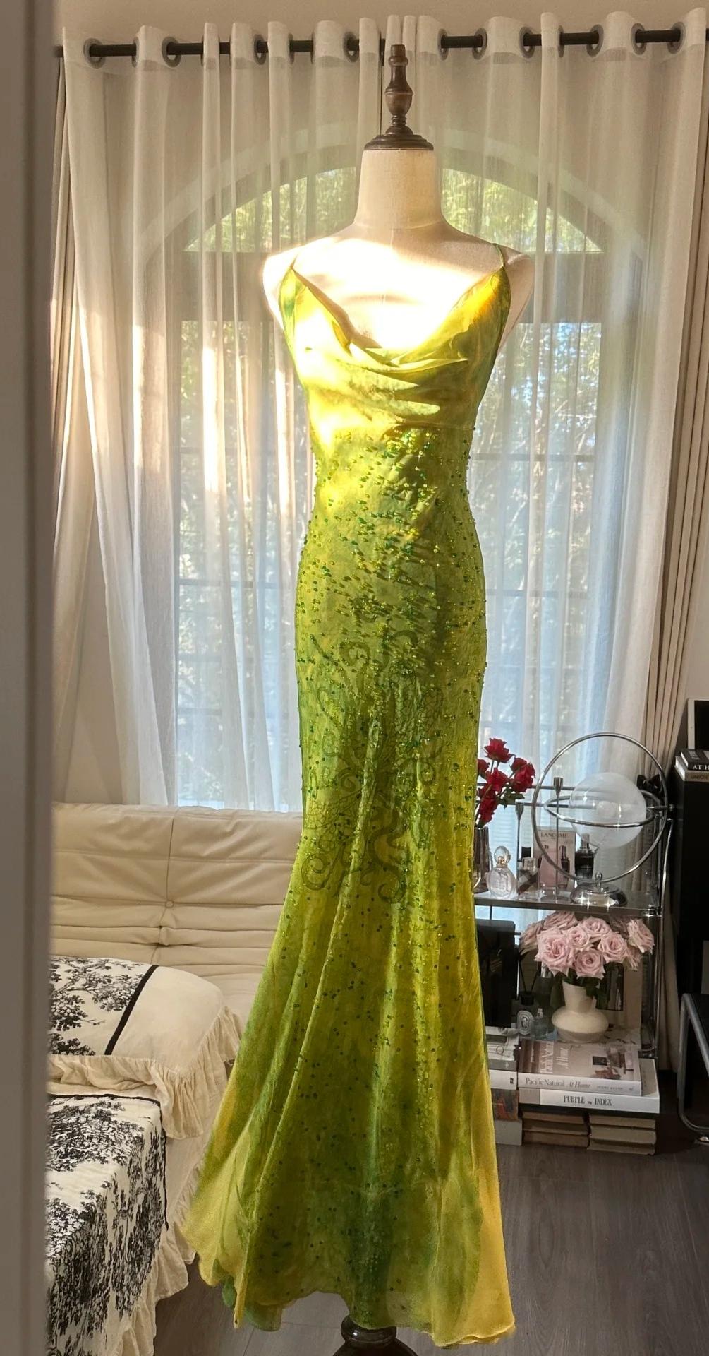 Vintage Green Spaghetti Straps Mermaid Chiffon Long Prom Dresses Elegant Evening Gowns with Beading ED02838
