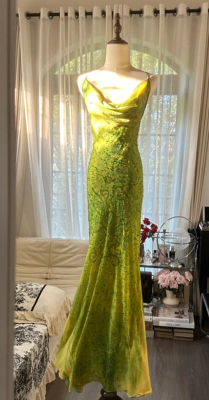 Vintage Green Spaghetti Straps Mermaid Chiffon Long Prom Dresses Elegant Evening Gowns with Beading ED02838