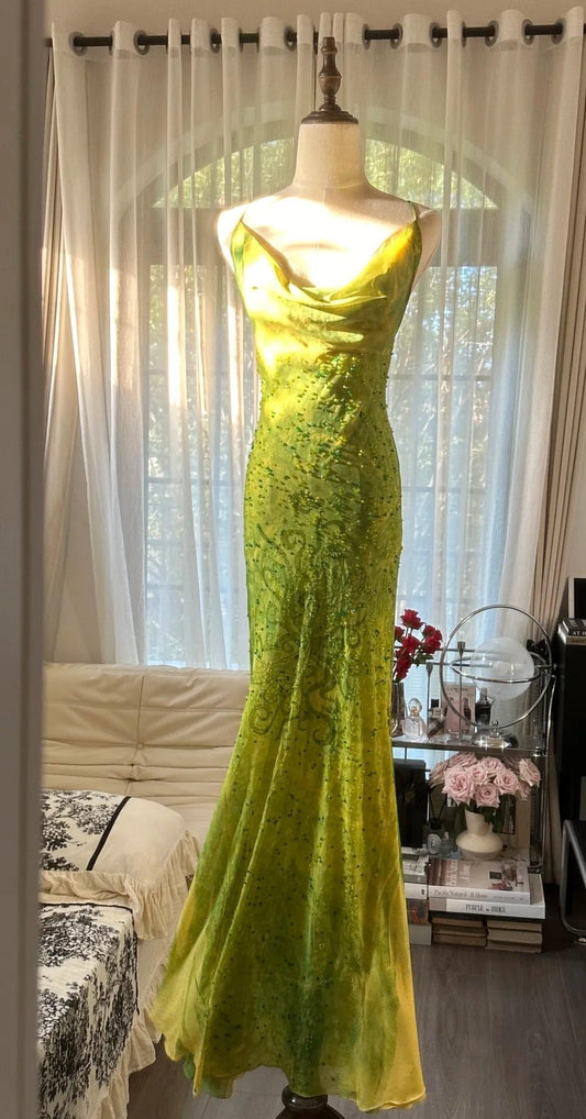 Vintage Green Spaghetti Straps Mermaid Chiffon Long Prom Dresses Elegant Evening Gowns with Beading ED02838