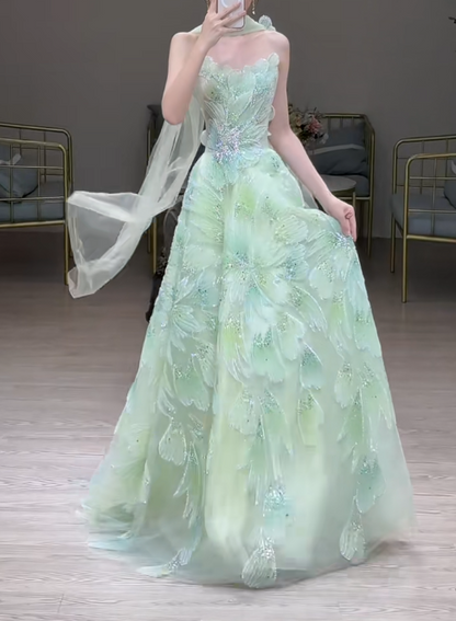 Fairytale Strapless Green A-Line Tulle Long Prom Dresses Elegant Evening Gowns with Beading ED02839