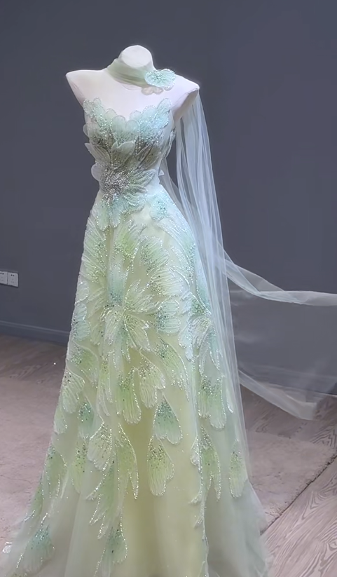 Fairytale Strapless Green A-Line Tulle Long Prom Dresses Elegant Evening Gowns with Beading ED02839