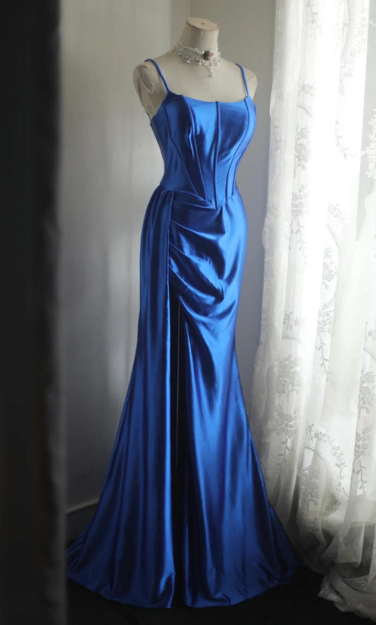 Elegant Blue Spaghetti Straps Mermaid Satin Long Prom Dresses Formal Evening Gowns ED02840
