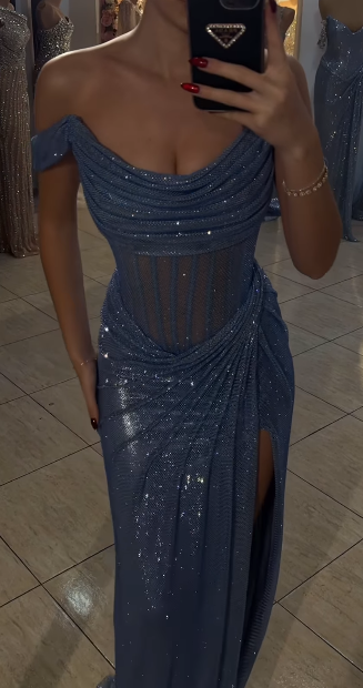 Gorgeous Grey Blue Off Shoulder Sheath Glitter Satin Long Prom Dresses Formal Evening Gowns with Slits ED02848