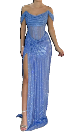 Gorgeous Grey Blue Off Shoulder Sheath Glitter Satin Long Prom Dresses Formal Evening Gowns with Slits ED02848