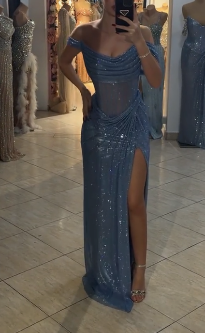 Gorgeous Grey Blue Off Shoulder Sheath Glitter Satin Long Prom Dresses Formal Evening Gowns with Slits ED02848
