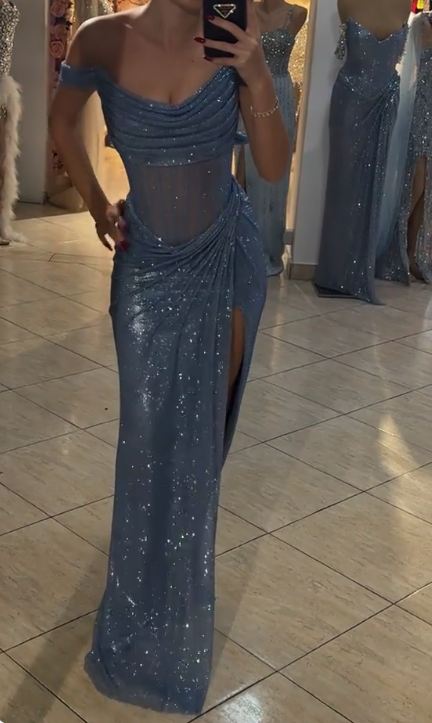 Gorgeous Grey Blue Off Shoulder Sheath Glitter Satin Long Prom Dresses Formal Evening Gowns with Slits ED02848
