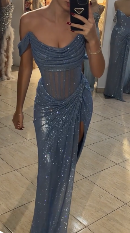 Gorgeous Grey Blue Off Shoulder Sheath Glitter Satin Long Prom Dresses Formal Evening Gowns with Slits ED02848