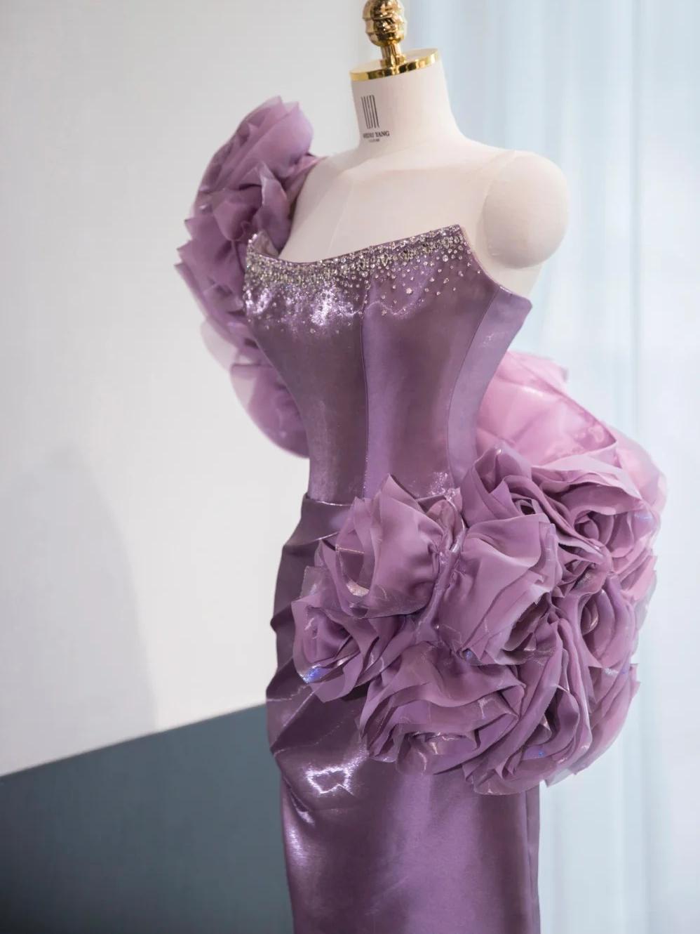 Glam Purple Strapless Mermaid Satin Long Prom Dresses Formal Evening Gowns ED02851