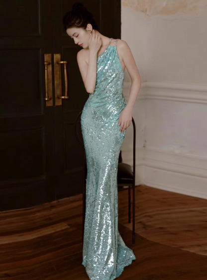Elegant Mint Green One Shoulder Memaid Sequins Long Prom Dresses Formal Evening Gowns with Open Back ED02854