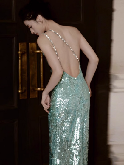 Elegant Mint Green One Shoulder Memaid Sequins Long Prom Dresses Formal Evening Gowns with Open Back ED02854