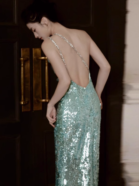 Elegant Mint Green One Shoulder Memaid Sequins Long Prom Dresses Formal Evening Gowns with Open Back ED02854